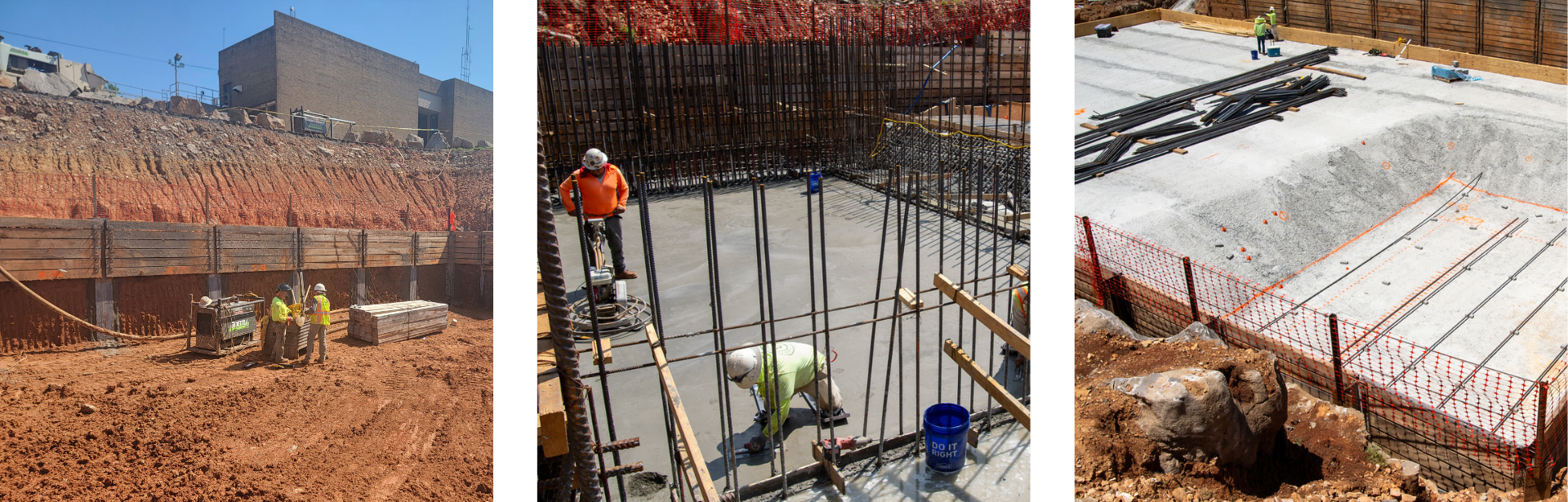 three side by side photos show a dirt area, wet concrete, and dry concrete in a construction zone.
